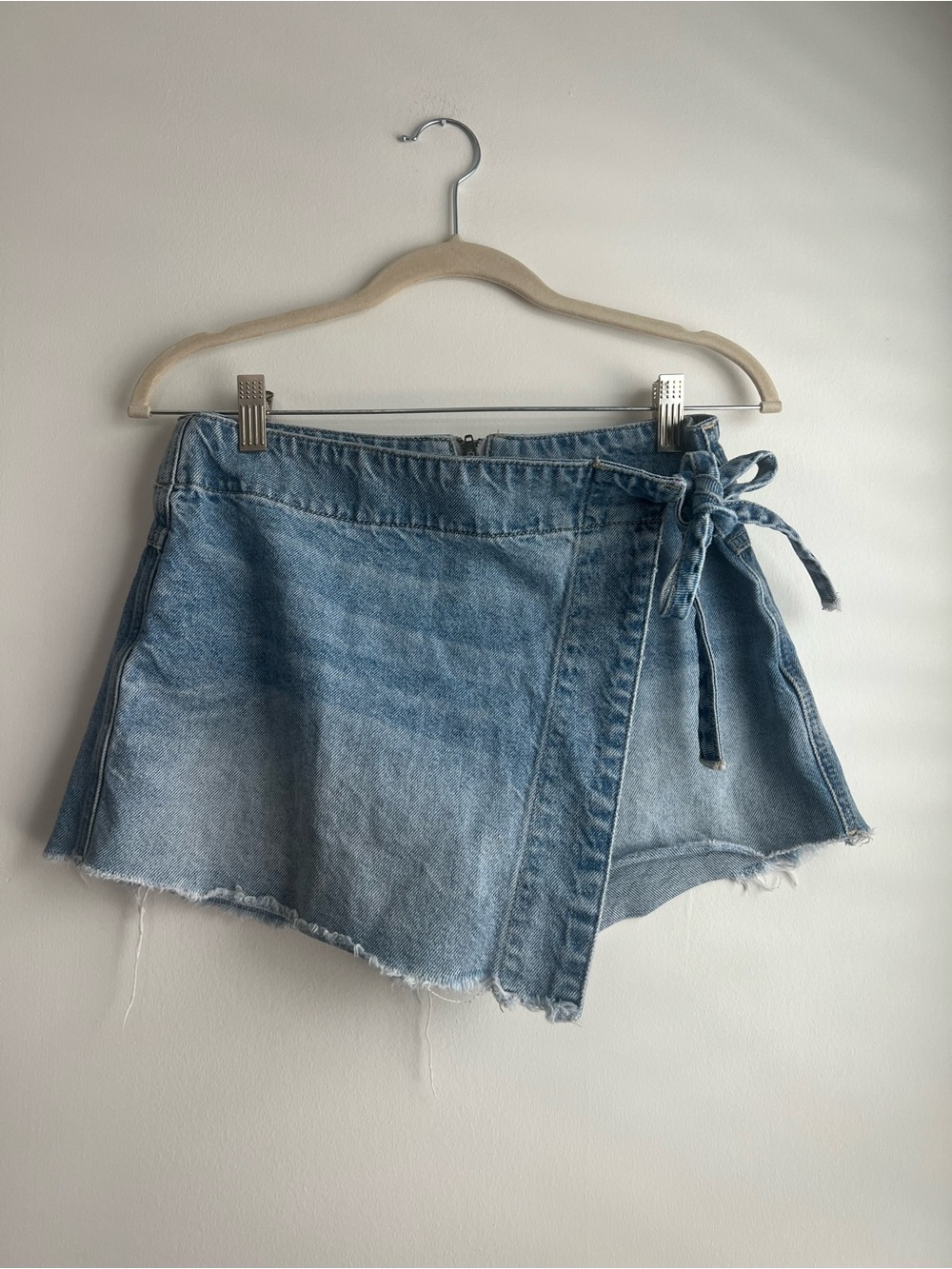Free People Light Wash Denim Wrap Skort with Side Tie